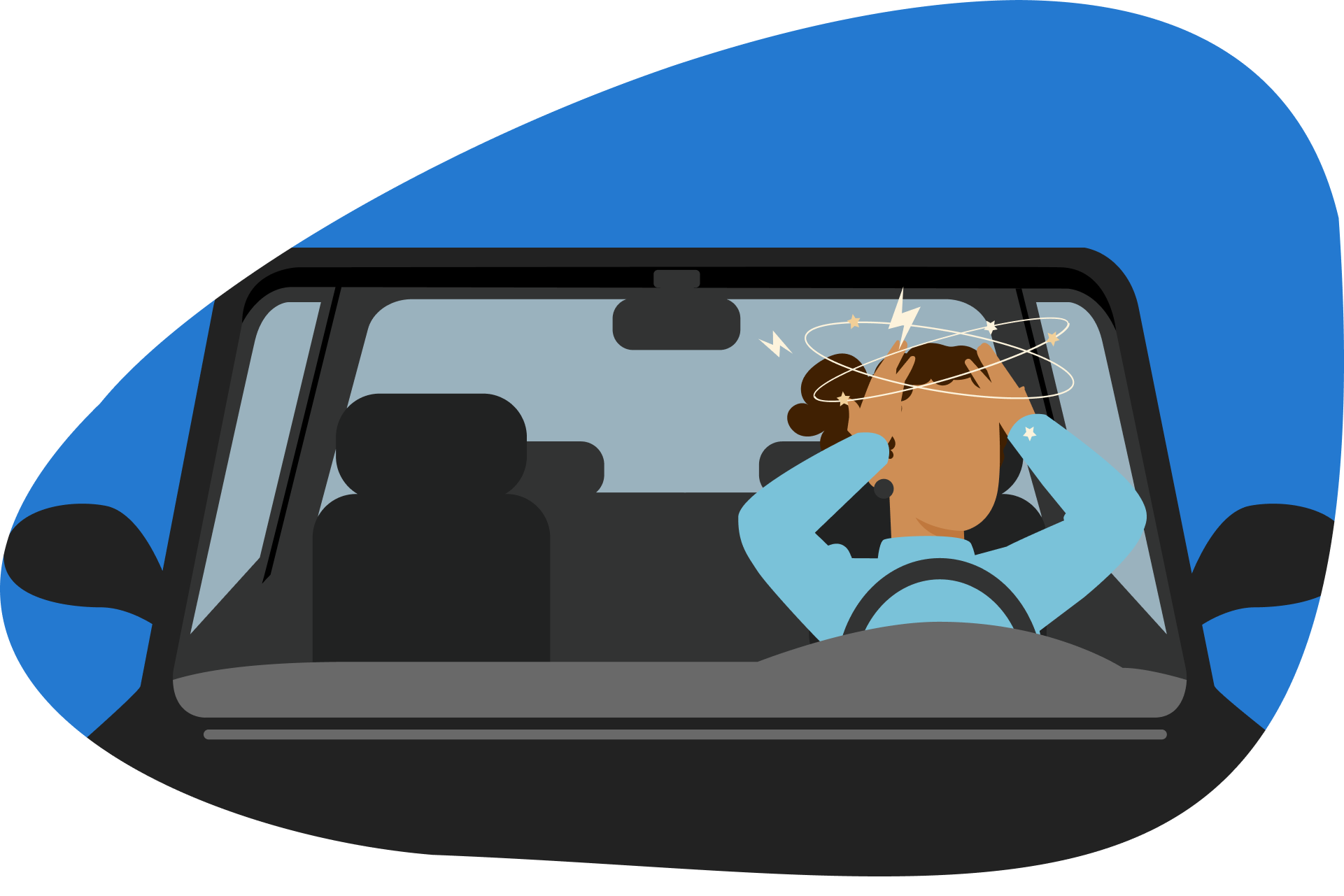 Desenho de mulher no carro, dirigindo, porém confusa/com tonturas.